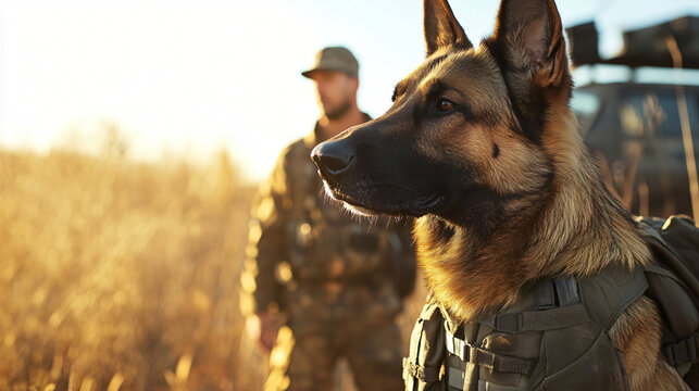Dedicated dog trainer engaging with a canine during outdoor obedience training session in a natural environment with greenery and sunshine.