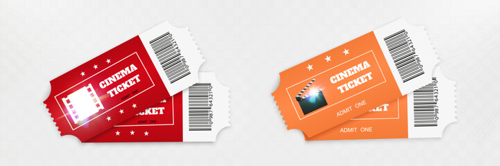 Cinema tickets with barcodes and film-themed design on transparent background with light effects.