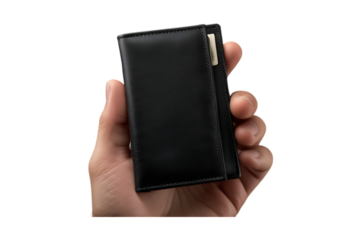Empty black wallet in male hands isolated on transparent background
