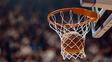 Fototapeta premium Basketball swishing net, arena crowd, game action