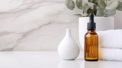 spa aromatherapy setup, eucalyptus oil bottle near soft towels and a ceramic diffuser in a simple bathroom creates a tranquil atmosphere