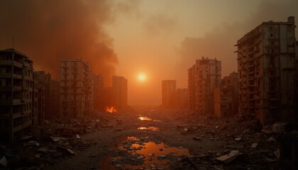 A wide shot of a desolate, war-torn city street with buildings on fire and smoke billowing into the sky. The setting sun casts an orange glow over the scene, creating a sense of impending doom. 