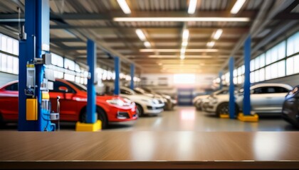 Obraz premium the abstract blurry image depicts a blurred car garage interior a blurred mechanic service center and a blurry car care station background
