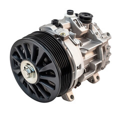A brand new car alternator displayed on a white background, showcasing its metallic finish and electrical connections.