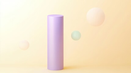 Pastel cylinder display, soft background, floating spheres