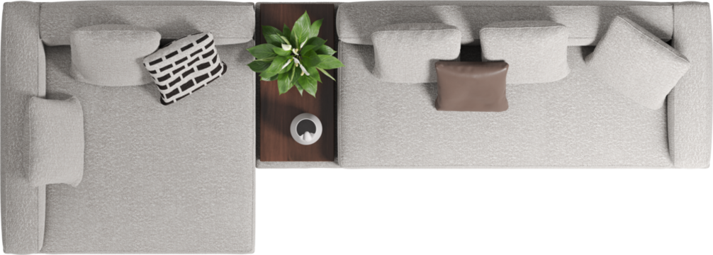 Top view of boucle upholstered sofa with cushions and wooden coffee table