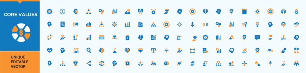 Core Values colorful icon collection. Contains related to company, dependability, design, client, empathy, value and more. Modern flat solid style icons. Editable vector art and illustration.