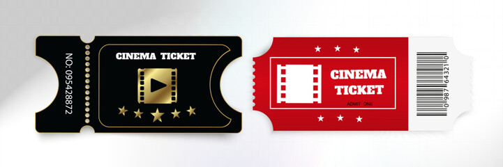 Cinema tickets with barcodes and film-themed design on transparent background with light effects.