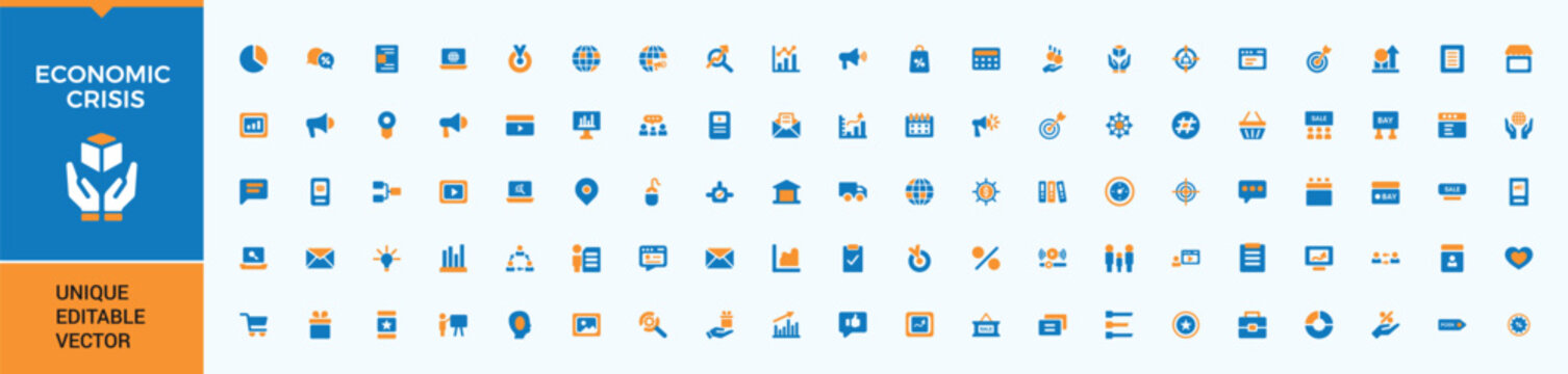 Set of Economic Crisis colorful solid icon. Included inflation, fall, bankruptcy, finance, business and more. Minimal filled icons. Decrease solid icon set. Editable vector art and illustration.