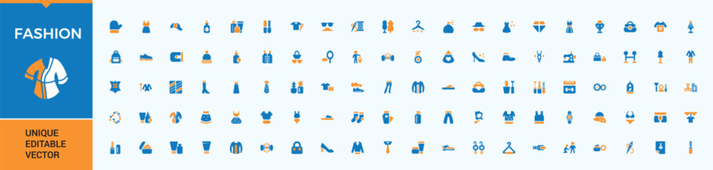 Fashion colorful icon set. Containing suit, dress, clothing, wear, sweater, skirt and more. Modern filled icons. Cloth solid icon. Conceptual pictogram and infographic.