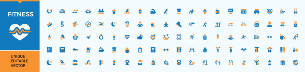 Fitness and Gym colorful icon set. It contains symbols to exercise, fit, muscle, healthy, workout, sport, lifestyle and more. Icons for website. Activity vector solid icon set. Vector illustration.