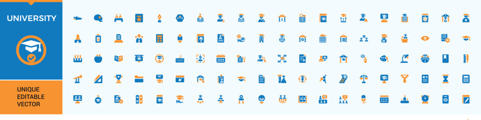 University colorful vector solid icon set. Contain filled symbols education, class, academic, learning, higher education, classroom and more. Minimal icons set. Book icon set. Pixel Perfect.