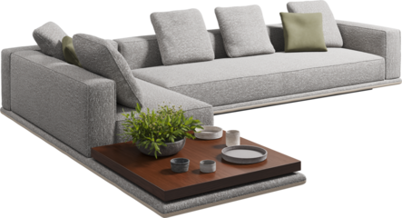 Perspective view of boucle upholstered corner sofa with cushions and wooden coffee table