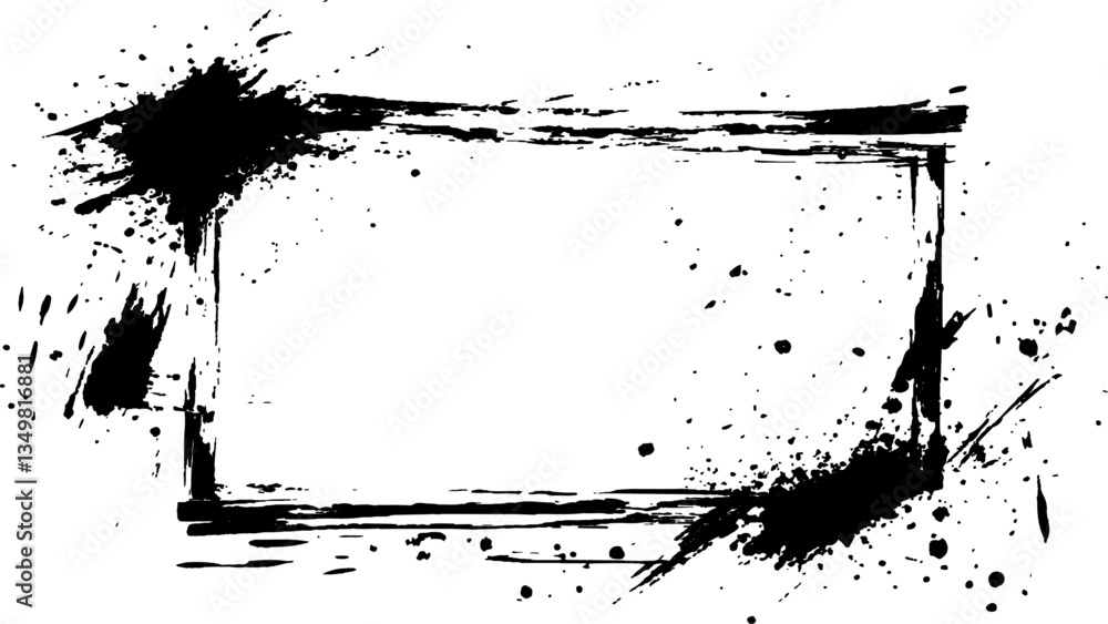 Poster Vector black square grunge frame on a transparent background. A rectangular frame is drawn with brush strokes on white background. 