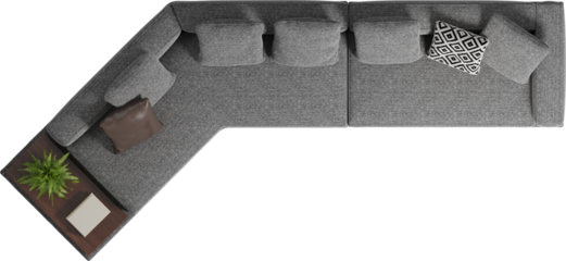 Top view of gray upholstered corner sofa with cushions and wooden coffee table