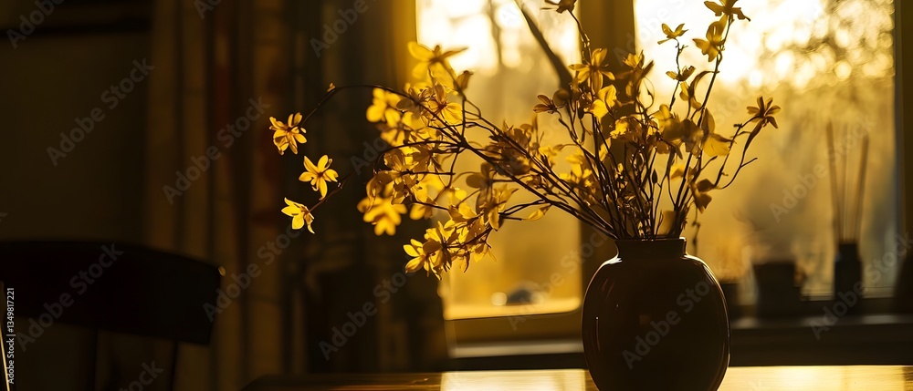 Poster vibrant yellow flowers artfully arranged in a vase creating a warm and inviting atmosphere in a mode