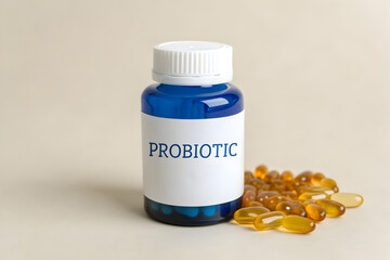 Pharmaceutical Probiotics in Blue Glass Bottle with Amber Capsules, Microbiome Enhancement