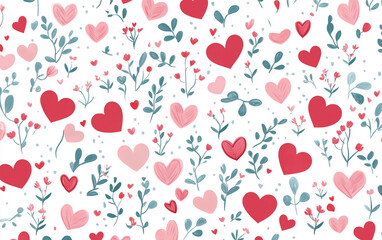 Whimsical hearts and floral pattern on white background.