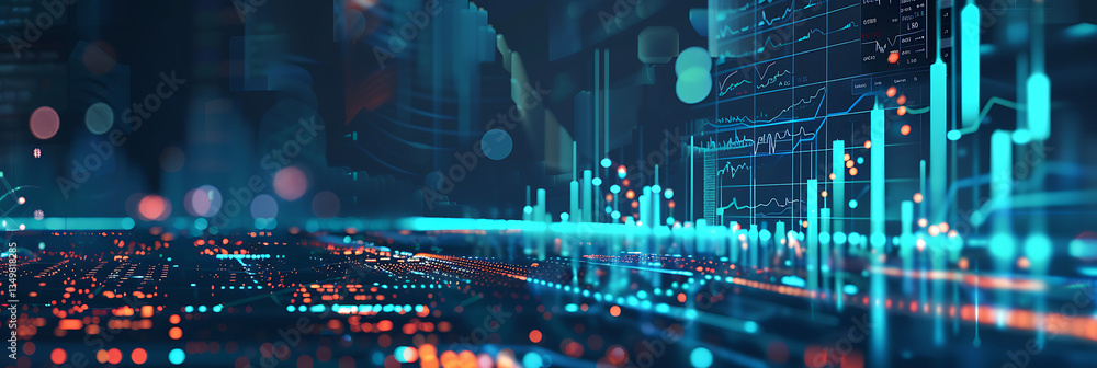 Poster abstract technology banner background visualizing a futuristic digital cityscape with glowing blue a