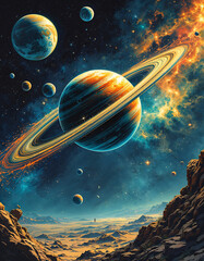Distant star illuminating a vibrant, colorful planet with swirling atmospheric patterns.