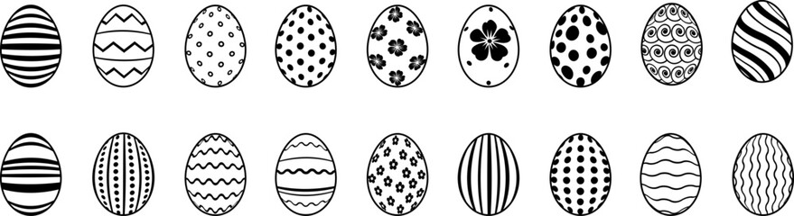 Cartoon Easter eggs vector set . Collection of Easter eggs simple black line icons. Painted icons of eggs with ornament in flat design .