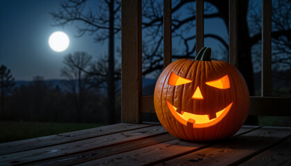 Obraz premium Glowing Halloween pumpkin on wooden porch at night, festive spirit