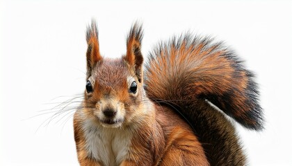 Fototapeta premium a charming portrait of a squirrel with big eyes and fluffy tail poses against a white backdrop