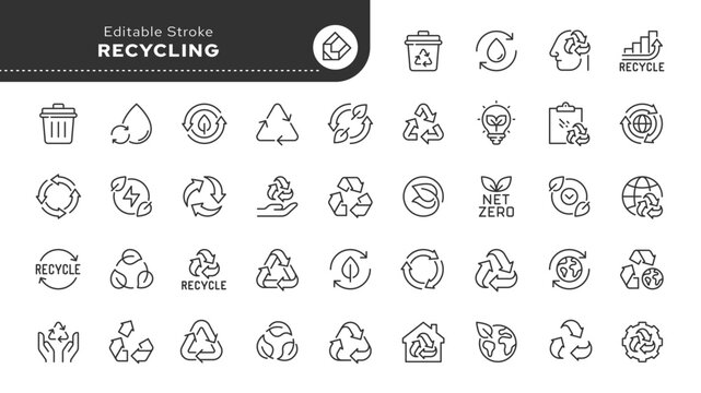 Recycling line icon set. Eco-friendly, eco, reuse, green energy, earth care , recyclable energy, and more. Outline vector icon in linear style. Pictogram collection	