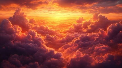 Fiery Sunset Above Clouds, Dramatic Sky, Aerial View