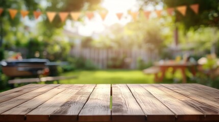 Wooden Table with Blurred Backyard Party Background