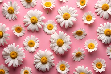 Obraz premium Daisies on a Soft Pink Background. Daisies on a Pink Background. Fresh Daisies Arranged.