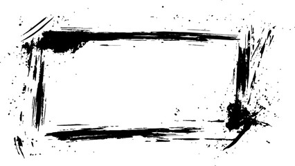 A rectangular frame is drawn with brush strokes on white background. Grunge frame for your design. Black ink brush painted frame with copy space, creativity grunge design element. 