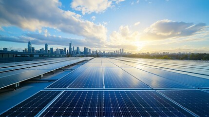 Large solar panel array on industrial rooftop with urban skyline in background
