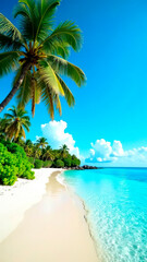 Naklejka premium Tropical beach banner with empty space for text, ocean view, and lush green leaves. A perfect background for travel agencies, vacation ads, summer promotions, and marketing materials.