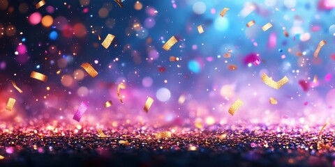 Colorful confetti falling during a festive celebration at night with a vibrant background