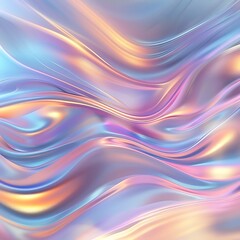 Abstract background of smooth, flowing iridescent waves. Holographic pastel colors like pink, blue, gold, and purple create a silky, metallic texture.

