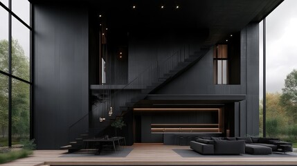 Modern, minimalist, black-toned home interior with large windows