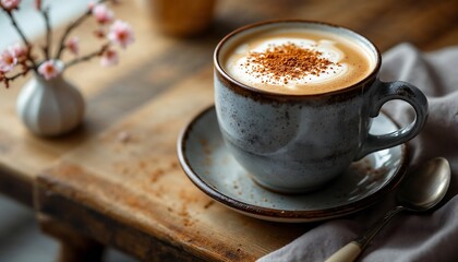 Cappuccino Coffee in Rustic Cup on Wooden Table