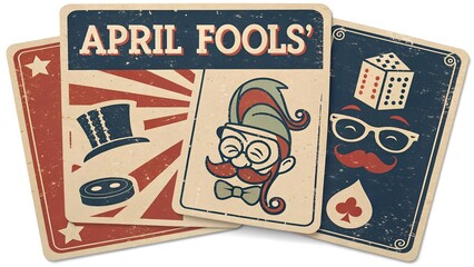 A set of vintage-style April Fools' joke cards with a nostalgic 1950s look. The typography is bold, with hand-drawn elements such as classic prank icons: whoopee cushions, fake mustaches.