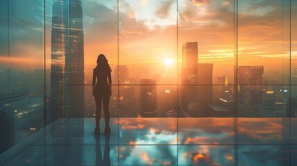 Urban Contemplation at Dusk: A Solitary Gaze Beyond the Gleaming Horizon