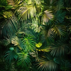 Tropical palm leaves branch out against a bright summer sky