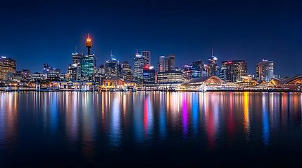 Fototapeta premium Pixelated Night City Skyline Reflection