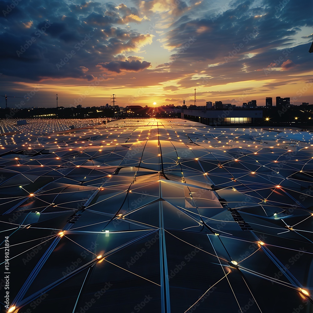 Poster solar panel array reflecting sunset sky with glowing digital network overlay. renewable energy techn