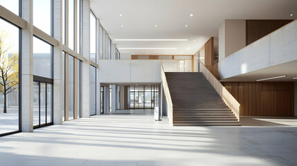 Obraz premium Modern Architecture Interior With Staircase Wooden Panels And Large Windows In Bright Daylight