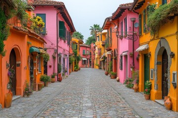 Fototapeta premium Vibrant Colorful Street in Italy, Picturesque Cobblestone Lane with Row of Houses