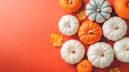 Autumn Pumpkins on Red Background. (1)