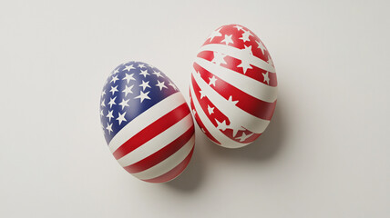 Fototapeta premium Two Easter eggs in the colors of the American Flag. Drawing of the US flag on an Easter egg.