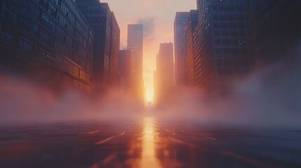 City street shrouded in fog with the sun setting in the background