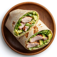 Grilled chicken avocado wrap, halved, wooden plate, white background, healthy lunch