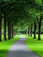Serene Green Pathway - A tranquil path winds through a lush green landscape, symbolizing peace, nature, journey, growth, and serenity
